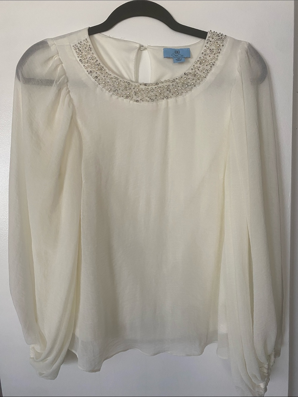 CeCe Ivory Chiffon Blouse with Pearl & Rhinestone Neckline - Size XS